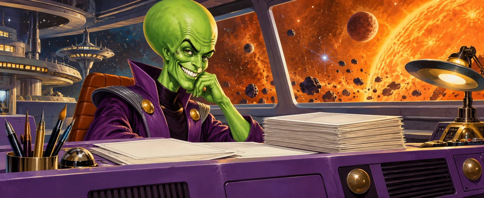 A grinning green alien in purple robes sits at a desk piled with scripts, a fiery space vista beyond the window.