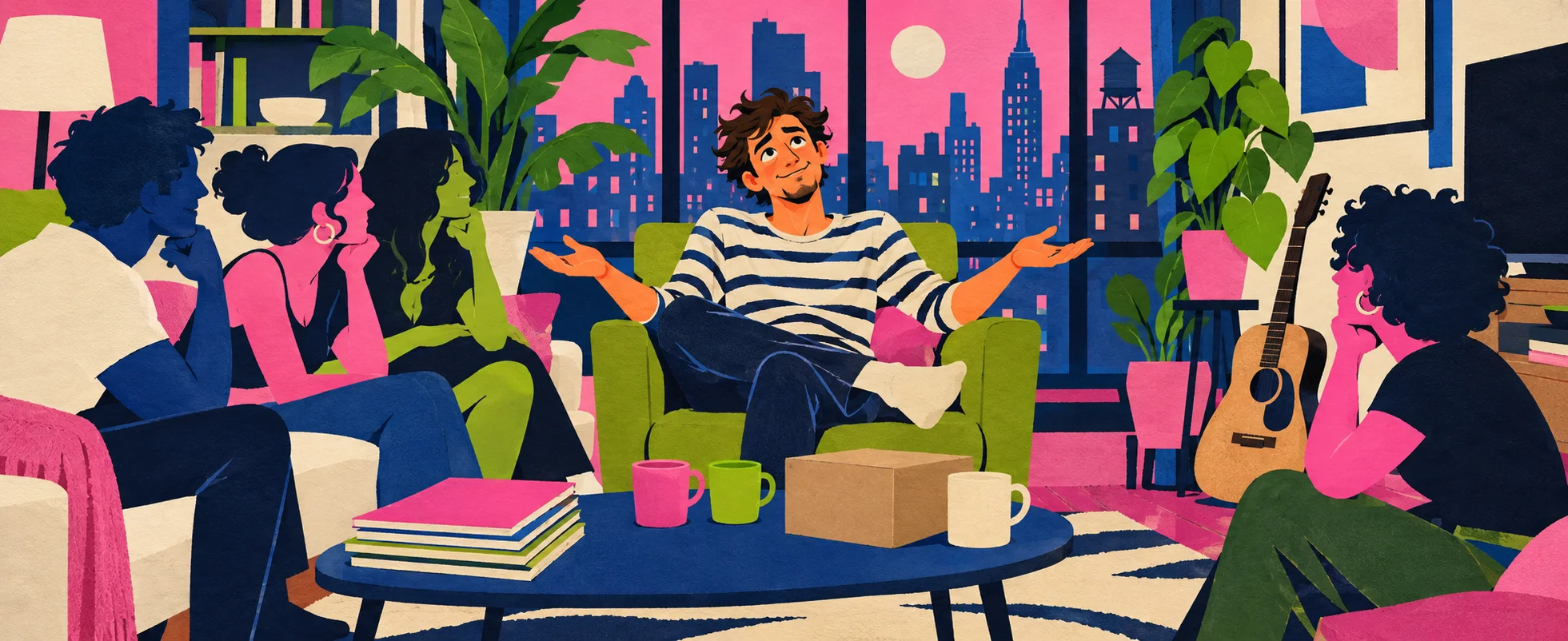 A man in a striped shirt shrugs on a green armchair among friends in a colourful city apartment.