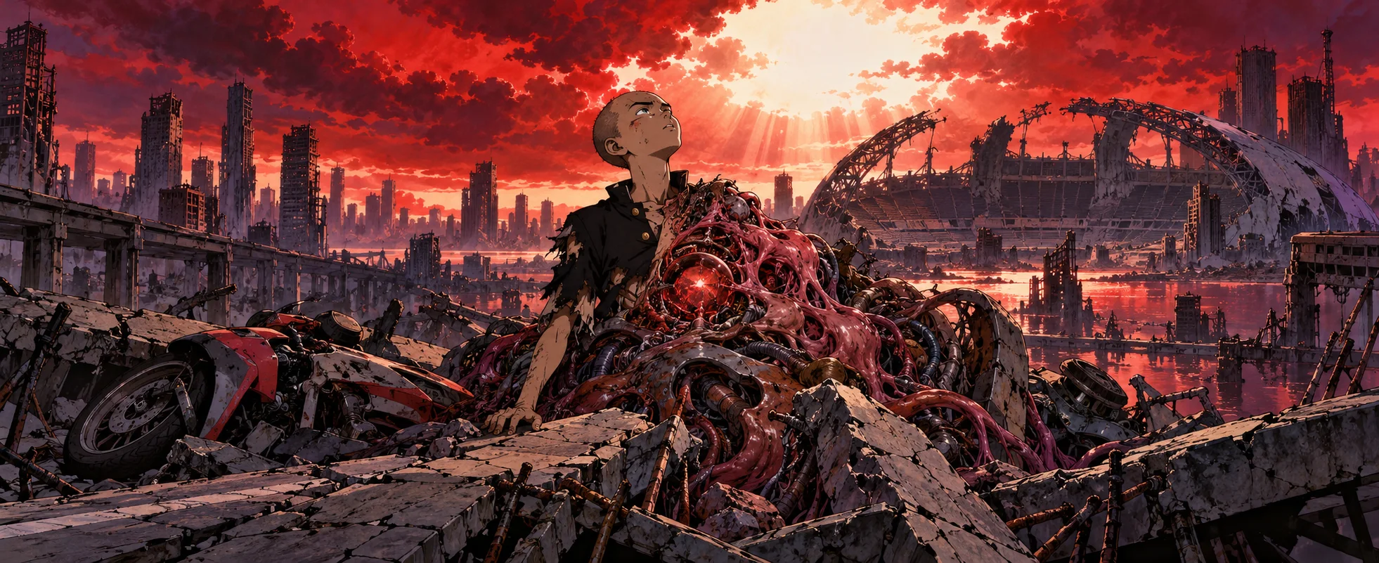 Anime-style illustration of a shaven-headed boy half-merged with a mass of red flesh and cables amid a ruined city of collapsed towers under a blood-red sky.