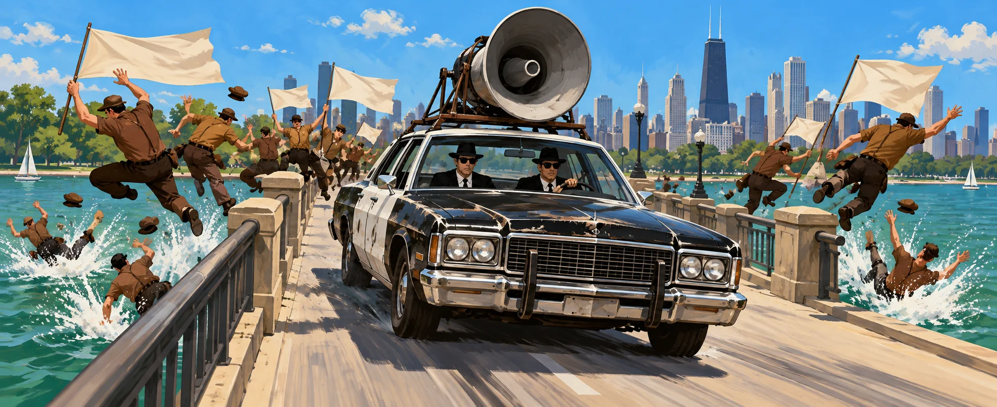 A black-and-white police sedan with a loudspeaker barrels across a Chicago lakeside bridge as brown-shirted marchers leap into the water.