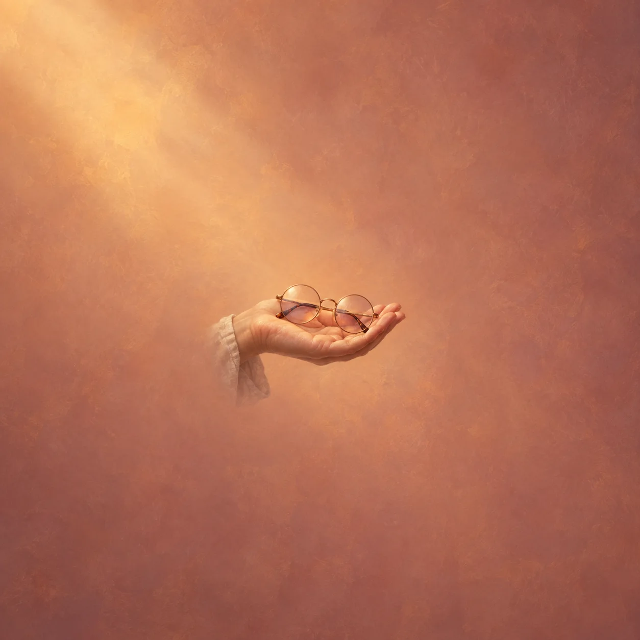 Painterly open hand holding round spectacles against warm peach.