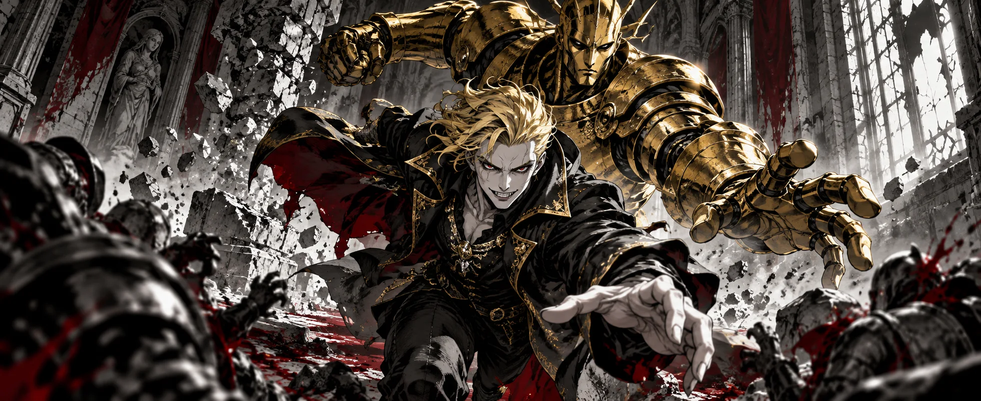 A blond vampire in a high-collared coat lunges forward as a golden armoured figure strikes behind him in a shattered stone hall.