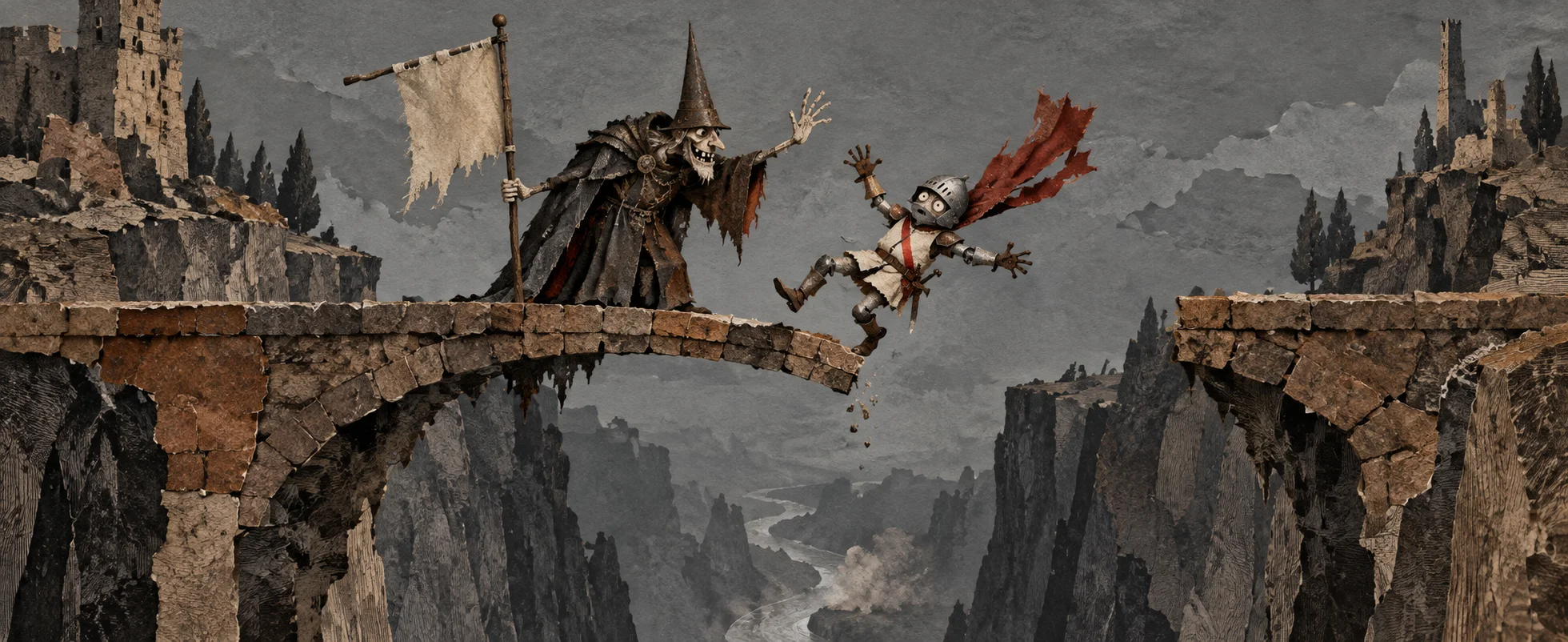 A hooded, gap-toothed bridgekeeper cackles as a knight in a white tabard is flung off a crumbling stone bridge into a grey gorge.