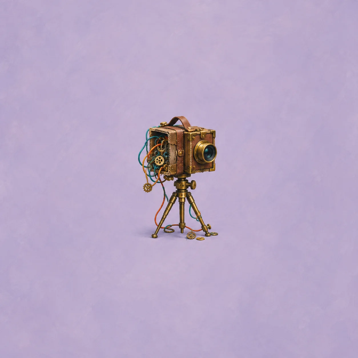 A small vintage box camera stands on a brass tripod with exposed coloured wires and dangling gears.