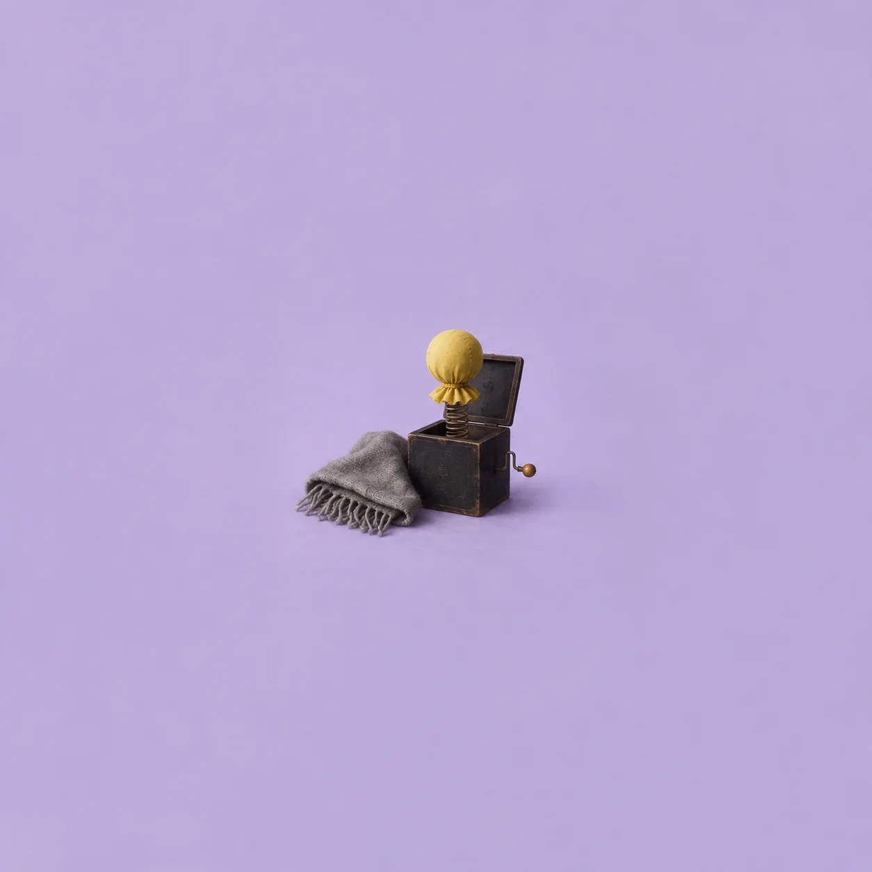 A yellow rounded puppet head rises from a small open black box beside a folded grey shawl against lavender.