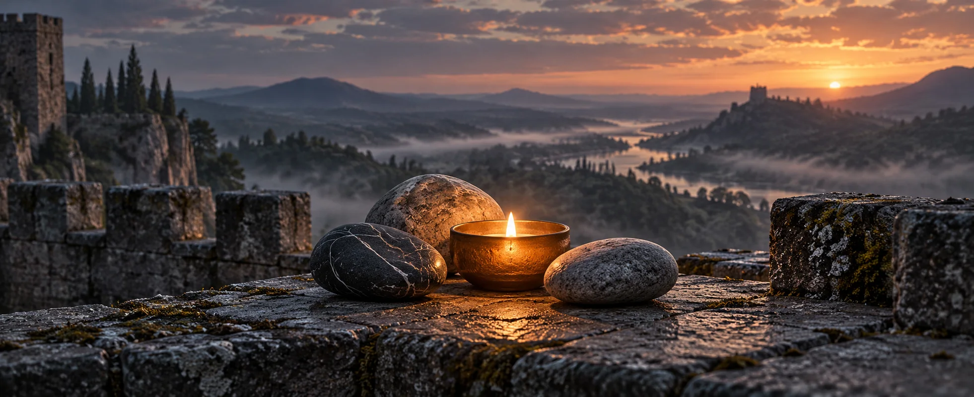 Three smooth stones lie around a small amber candle on a cold grey battlement.
