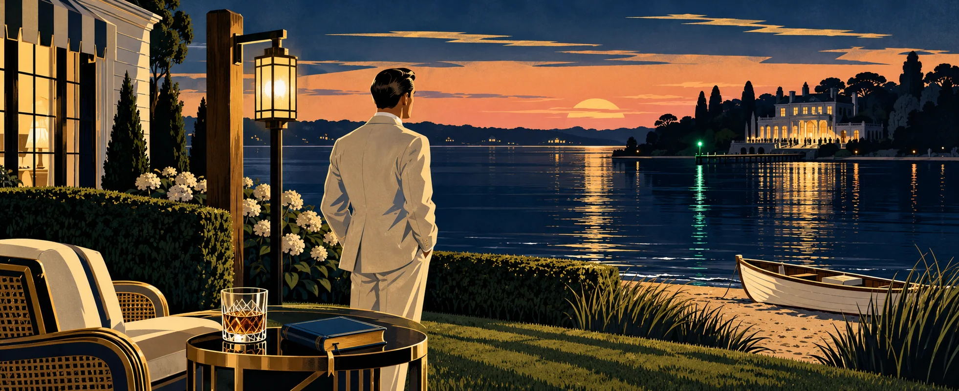 Art deco illustration of a young man in a white suit on a summer lawn at dusk, looking across dark water at a lit mansion and a small green light at the end of a dock.