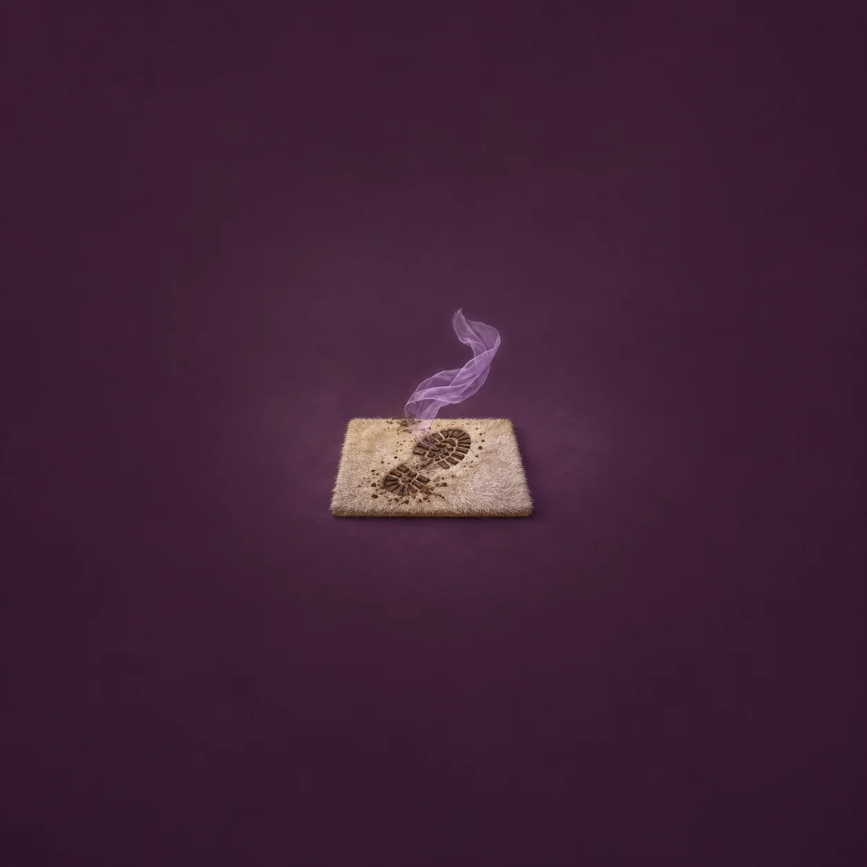 A doormat with a muddy boot print and a translucent lavender wisp rising above it against a plum background.