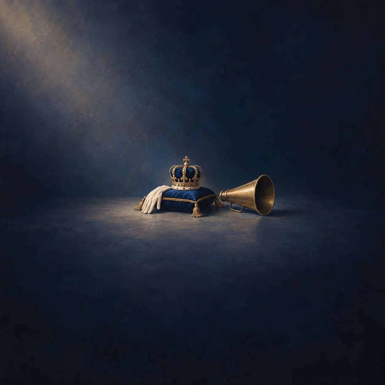 An ornate gold crown rests on a dark cushion beside a white glove and a brass megaphone.