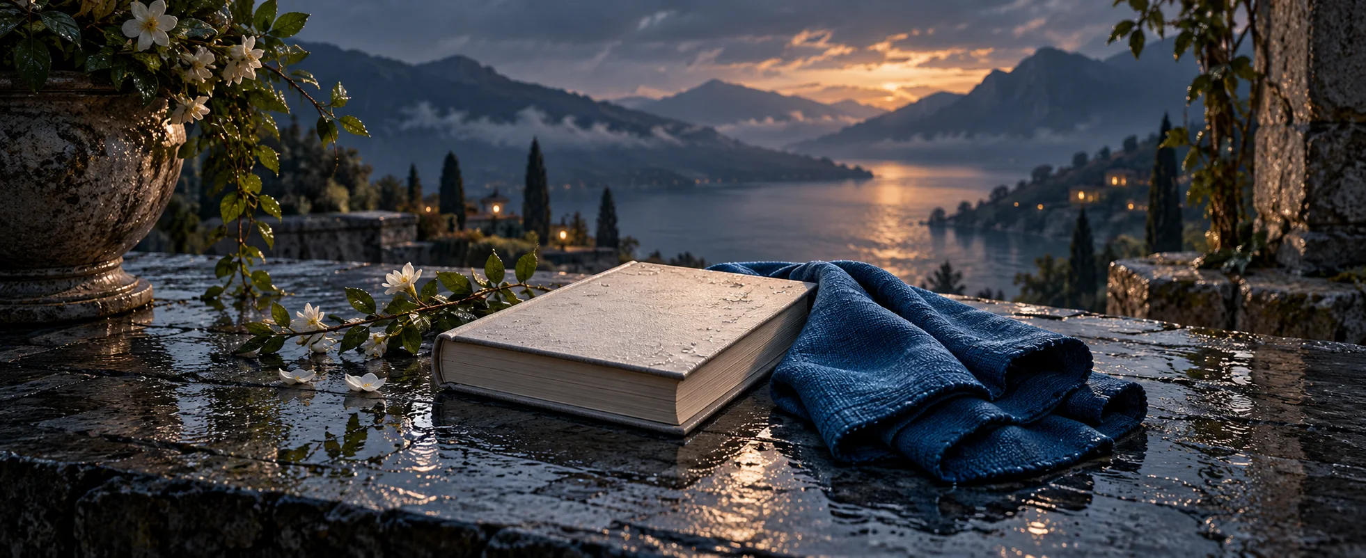 A closed pale book lies beside a draped blue cloth on a rain-wet slate table.