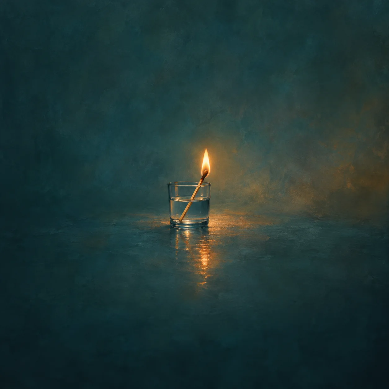 Painterly burning match leaning in a small glass of water on a dark teal surface.