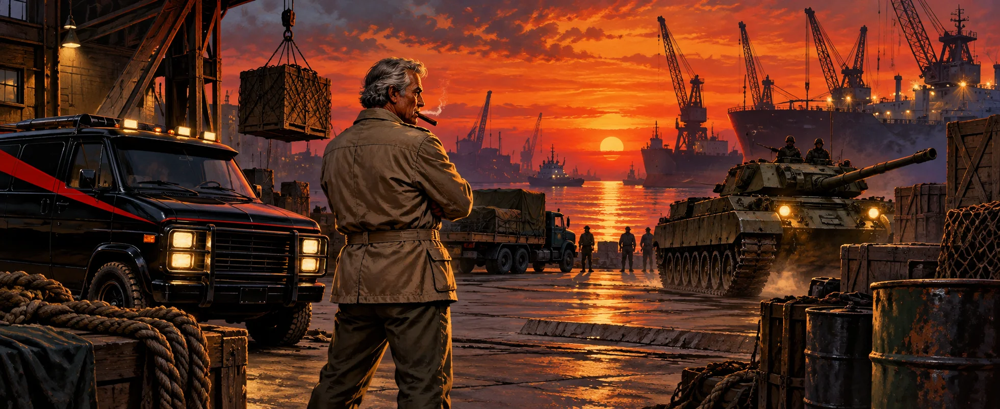 A grey-haired man in a tan jacket with a cigar watches a tank roll into a shipyard at sunset, a black van with a red stripe parked nearby.