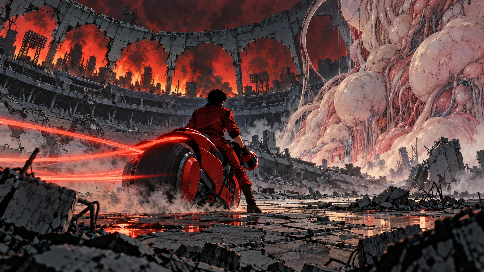 Anime illustration: a young man in red leans on a glowing red motorbike in a ruined, fire-lit stadium, facing a vast mass of swollen pink flesh that sprawls across the rubble on the right.