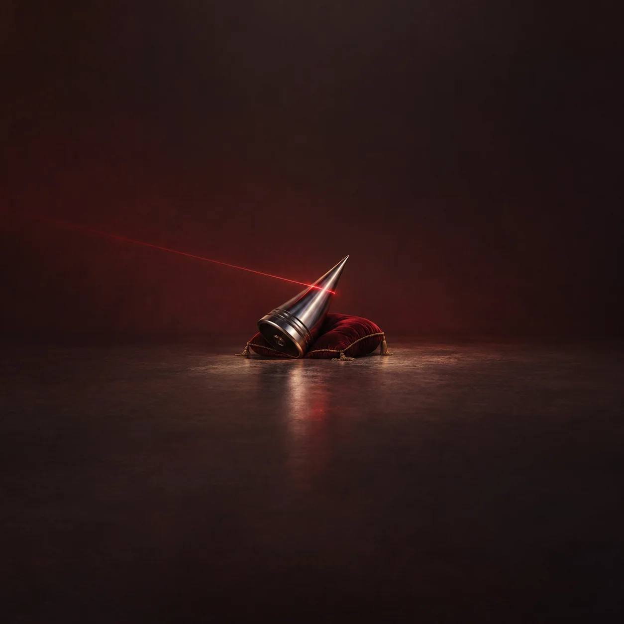Painterly chrome cone on a dark red cushion with a thin red beam crossing it.