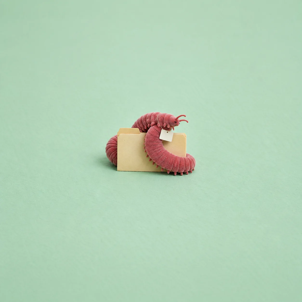 A red segmented plush creature with short legs loops around a manila folder on a mint green surface.