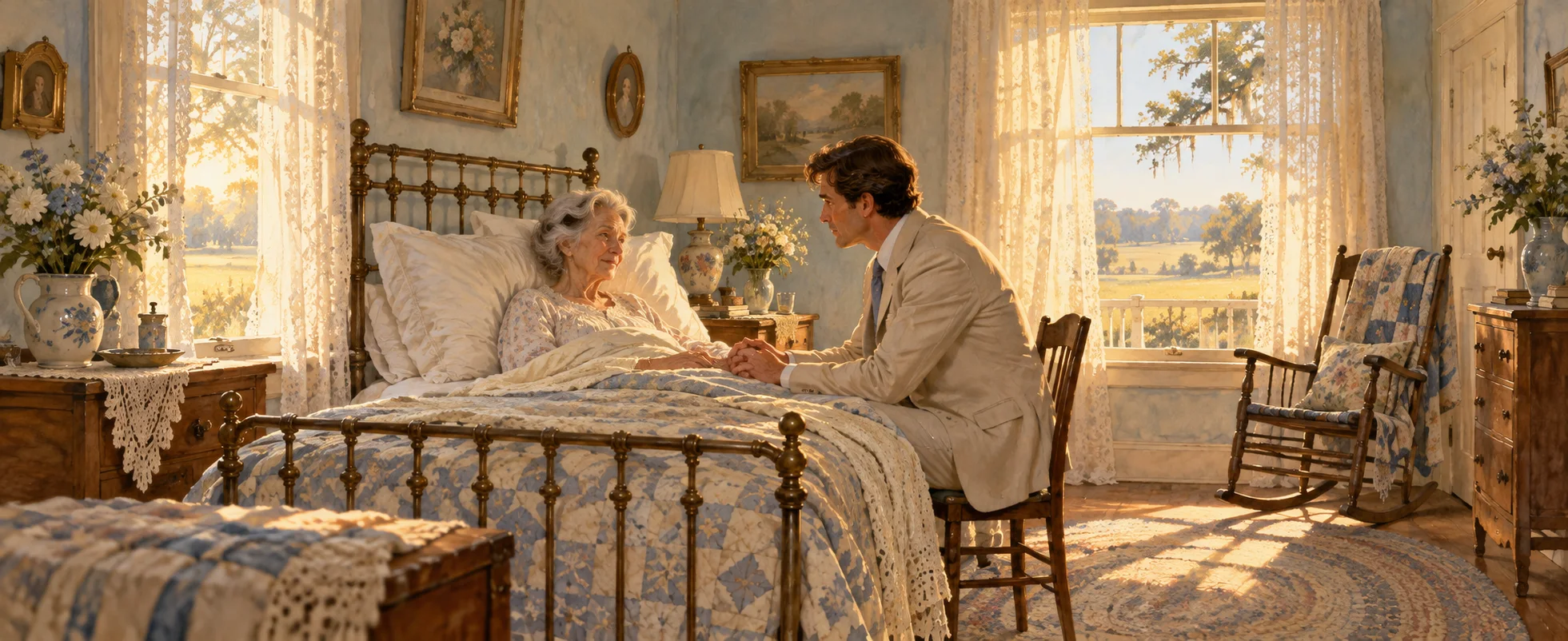 An ailing mother rests in an iron bed in a sunlit farmhouse bedroom, holding the hand of her grown son in a pale suit.