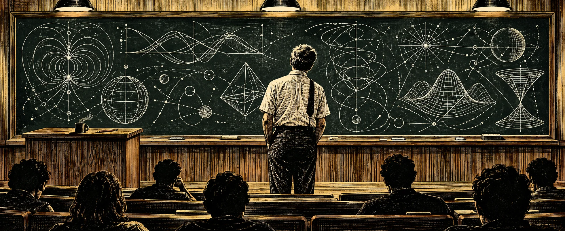 A lecturer, seen from behind, stands before a blackboard full of physics diagrams in a wood-panelled lecture hall.