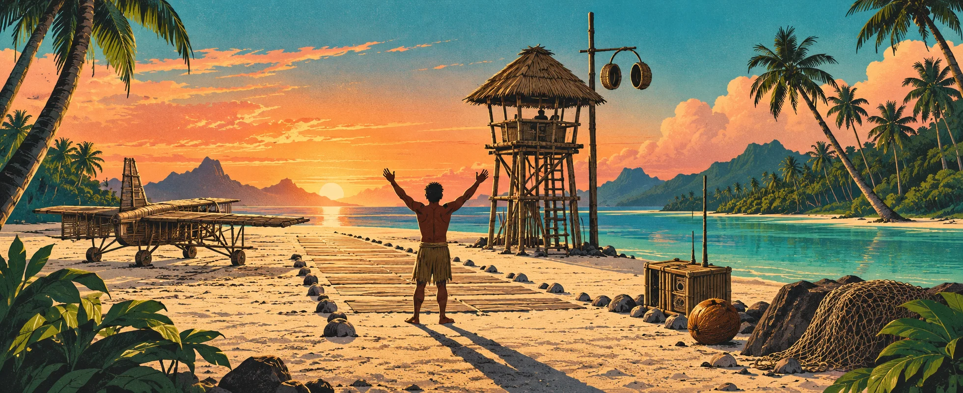 A man raises his arms on a palm-fringed beach at sunset beside a bamboo control tower and a mock airplane made of wood and straw.