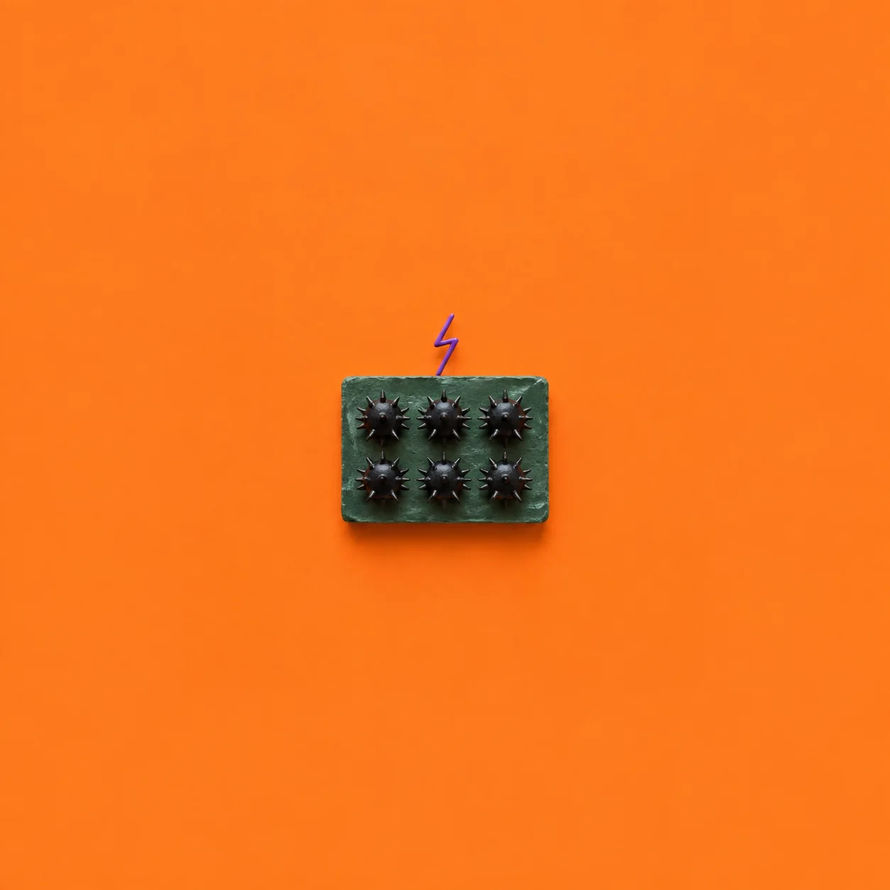 Six black spiky orbs sit in two rows on a green slab beneath a purple lightning-bolt shape against orange.