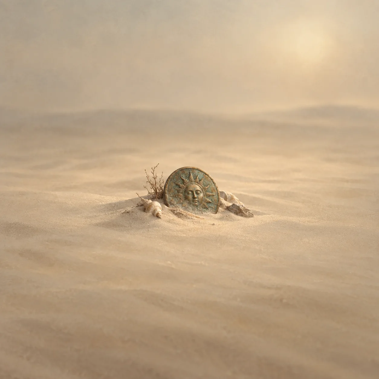 Painterly weathered bronze medallion partly buried in pale sand beside dry twigs.