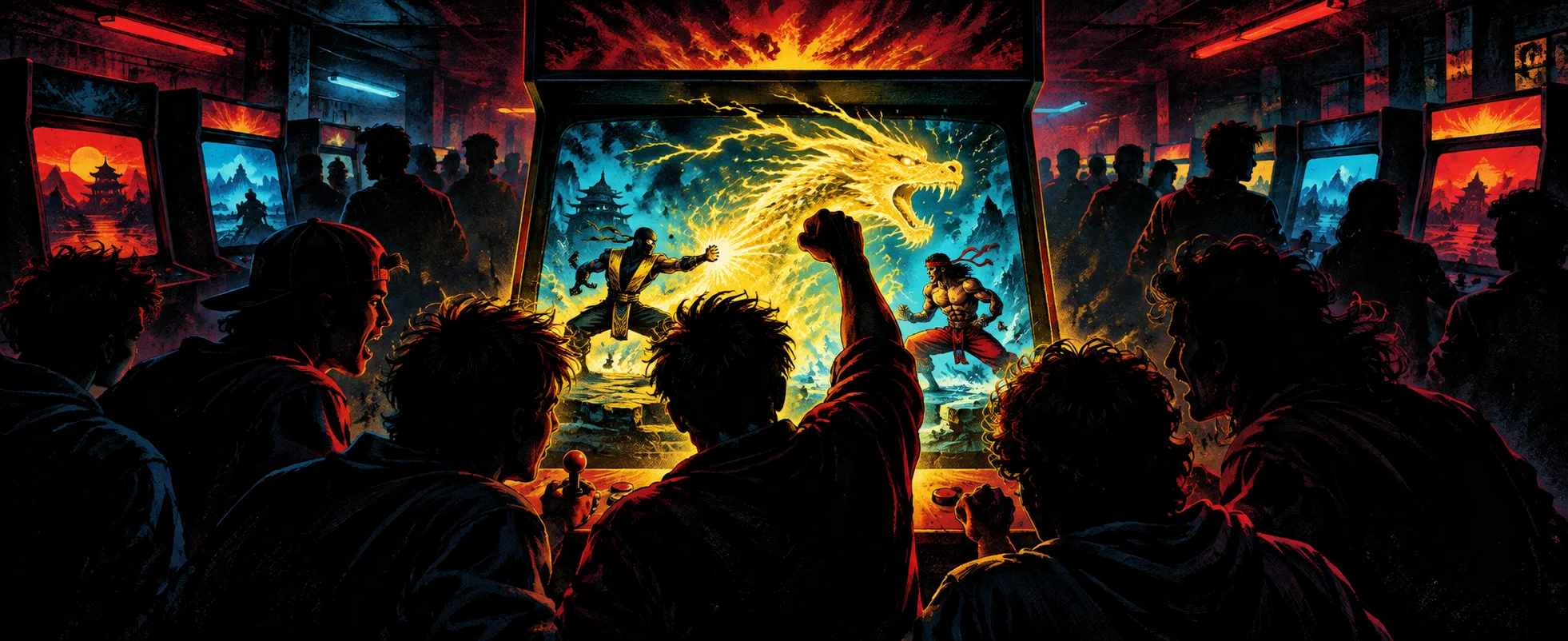 Silhouetted teenagers crowd a glowing arcade cabinet in a dark 1990s arcade, one punching the air as a fiery dragon bursts from the screen above two fighters.