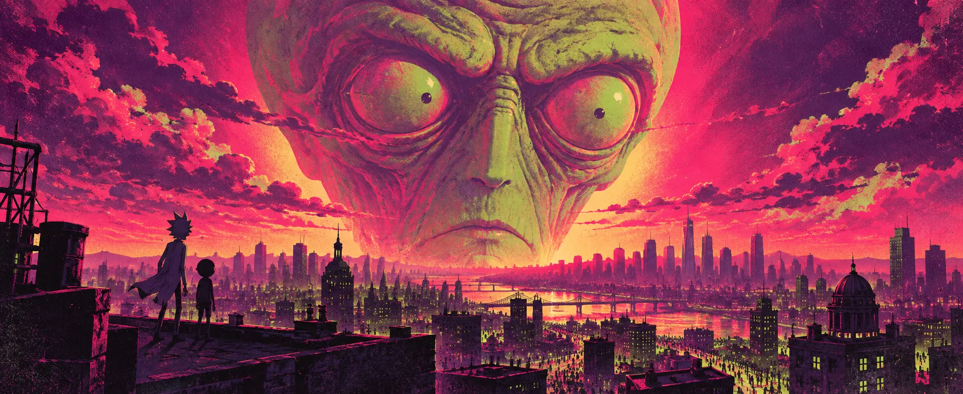 Risograph-style illustration of a colossal pale alien head with bulging eyes filling a magenta sky over a city at dusk, two tiny figures, a lanky scientist and a boy, watching from a rooftop.