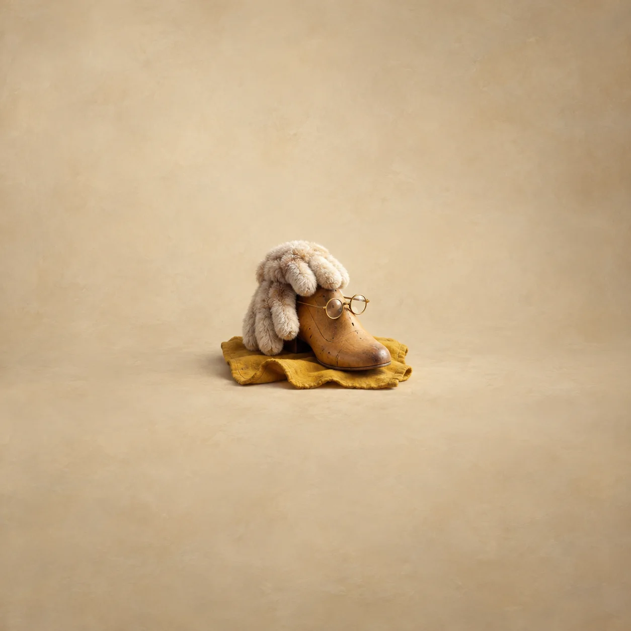 A furry glove and round spectacles rest on a wooden shoe form over mustard cloth.