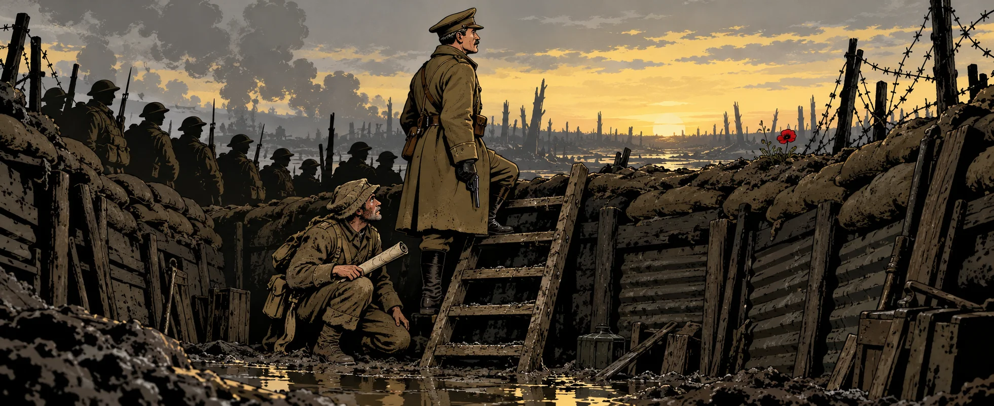 Inked illustration of First World War trenches at dawn: an officer in a greatcoat and cap stands on the firestep by a ladder, soldiers crouched along the muddy trench under barbed wire.
