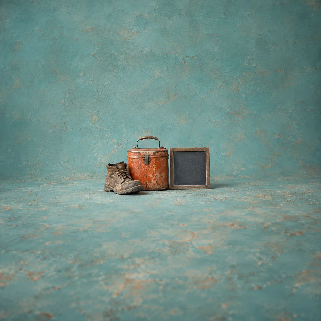 A dented orange tin pail next to a small work boot and a blank black slate on a dusty turquoise surface.
