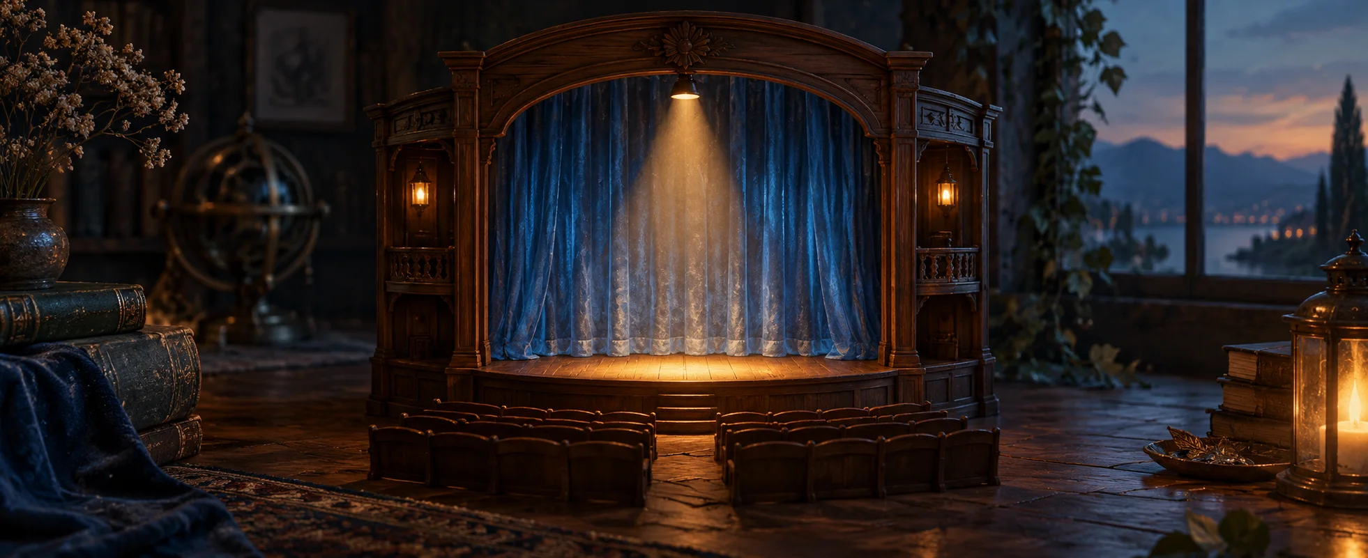 A tiny empty wooden theatre holds a translucent blue curtain and a single amber spotlight.