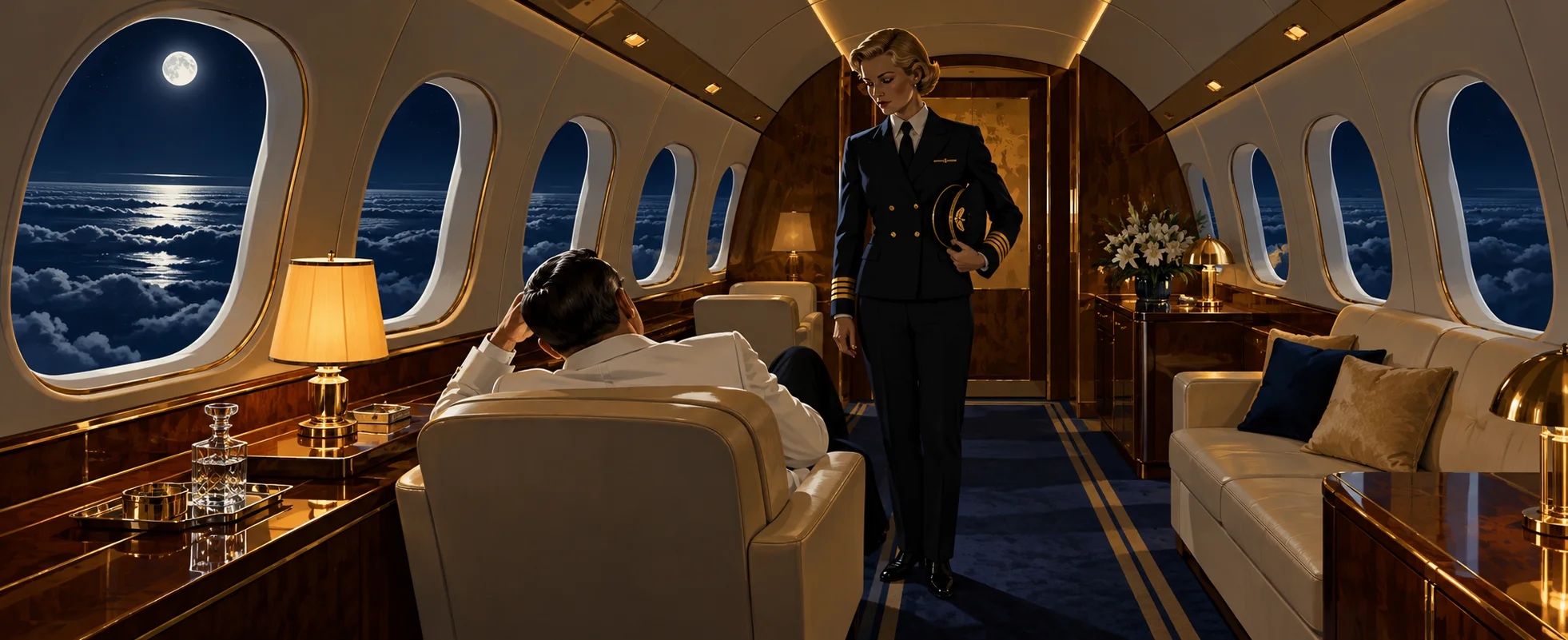 In the cabin of a private jet over a moonlit sea of cloud, a woman pilot in a dark uniform looks down at Bond as he wakes in a cream leather armchair.