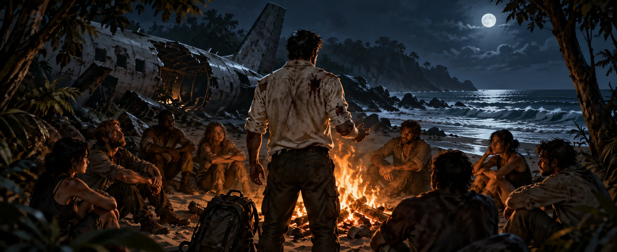 A man in a bloodied white shirt addresses a ring of survivors around a beach campfire at night, airliner wreckage behind them in the moonlight.