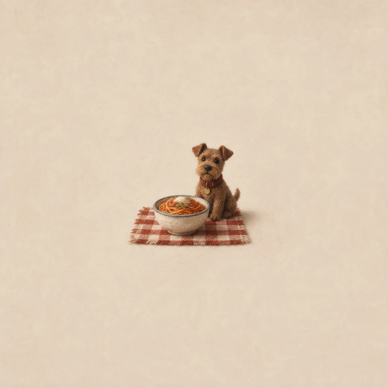 A small brown dog sits beside a bowl of spaghetti on a red and cream checked cloth.