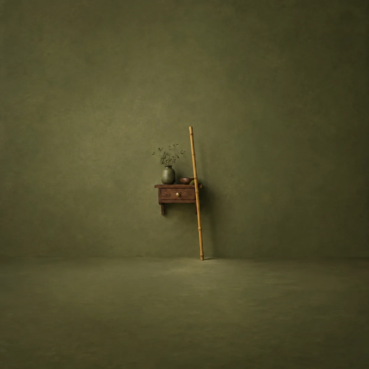 A tall bamboo cane leaning against a small wooden wall shelf in an olive-green room.