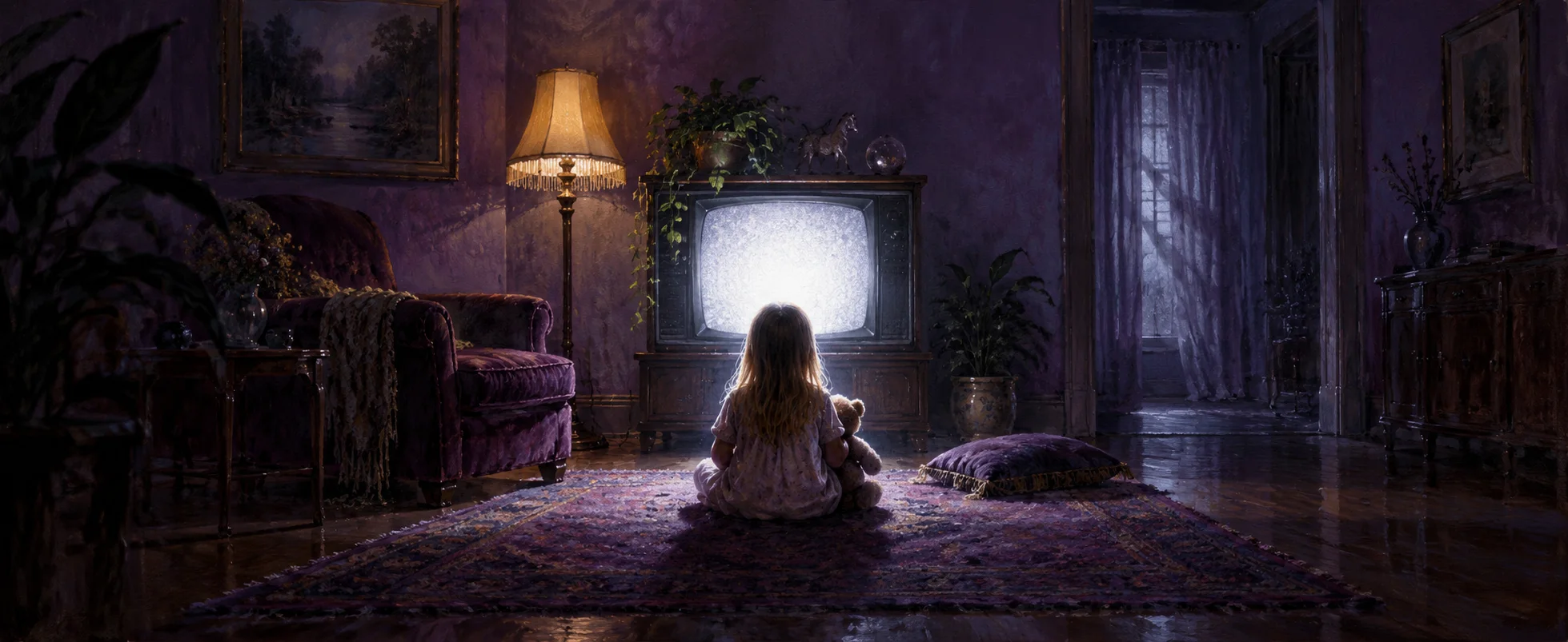 A small child sits before an unmarked television glowing white in a dim violet room.