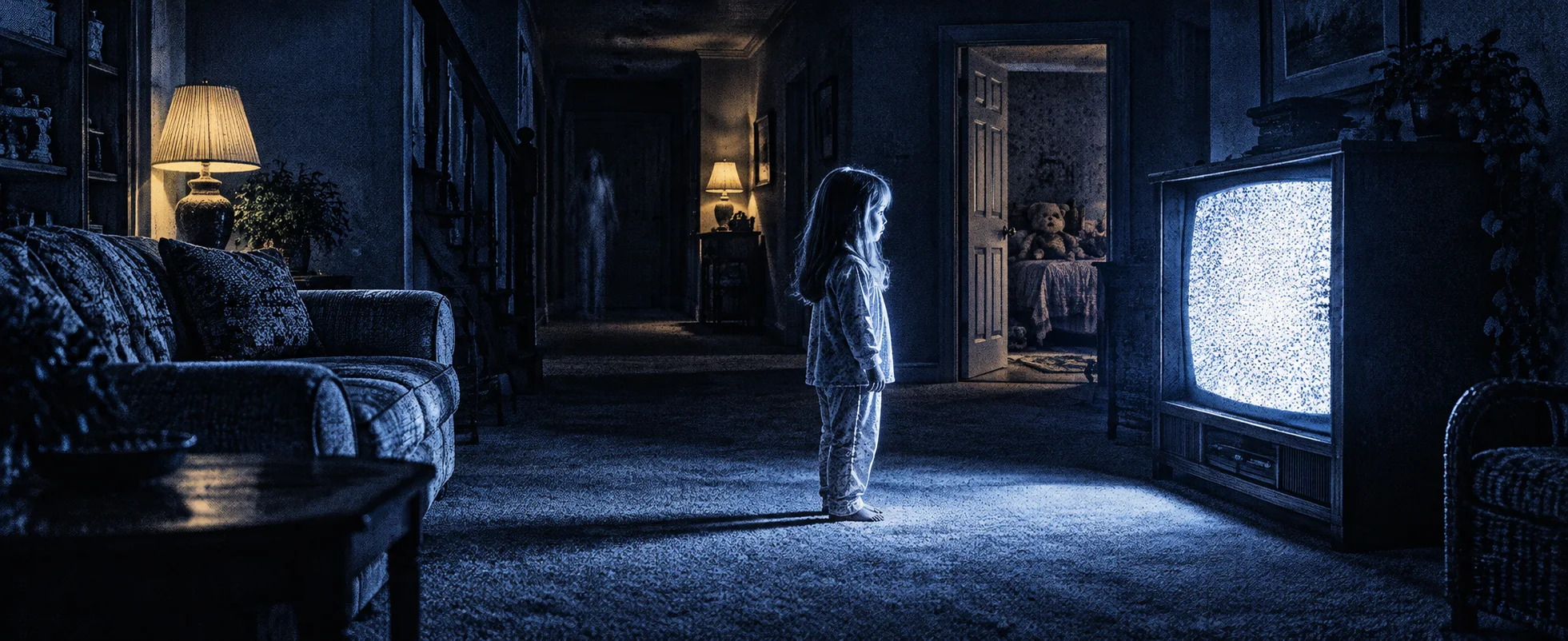 A small girl in pyjamas stands before a television glowing with white static in a dark suburban living room.