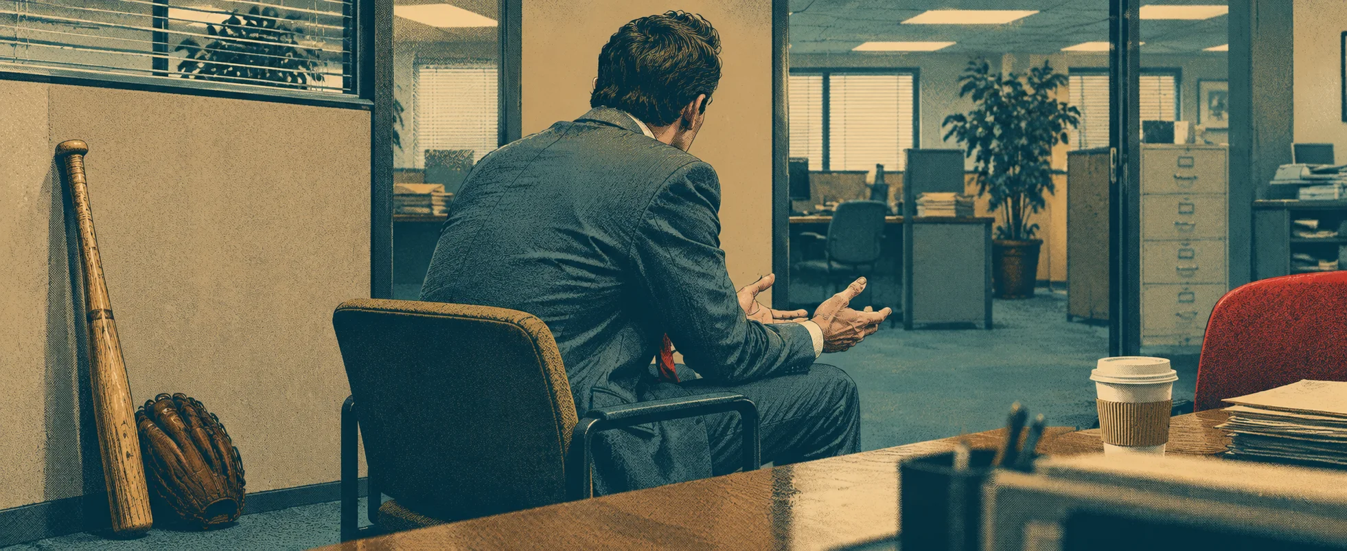Illustration of a man in a grey suit seen from behind in an office interview chair, gesturing mid-complaint, a baseball bat and glove propped against the partition.