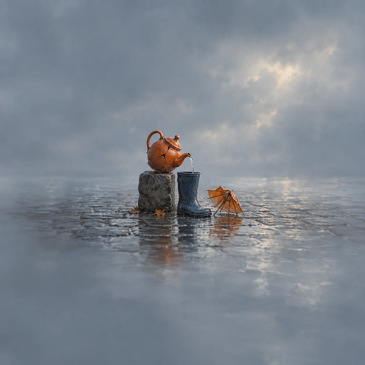A cracked orange teapot pouring into a blue rain boot beside an orange paper umbrella on wet cobblestones beneath a cloudy sky.