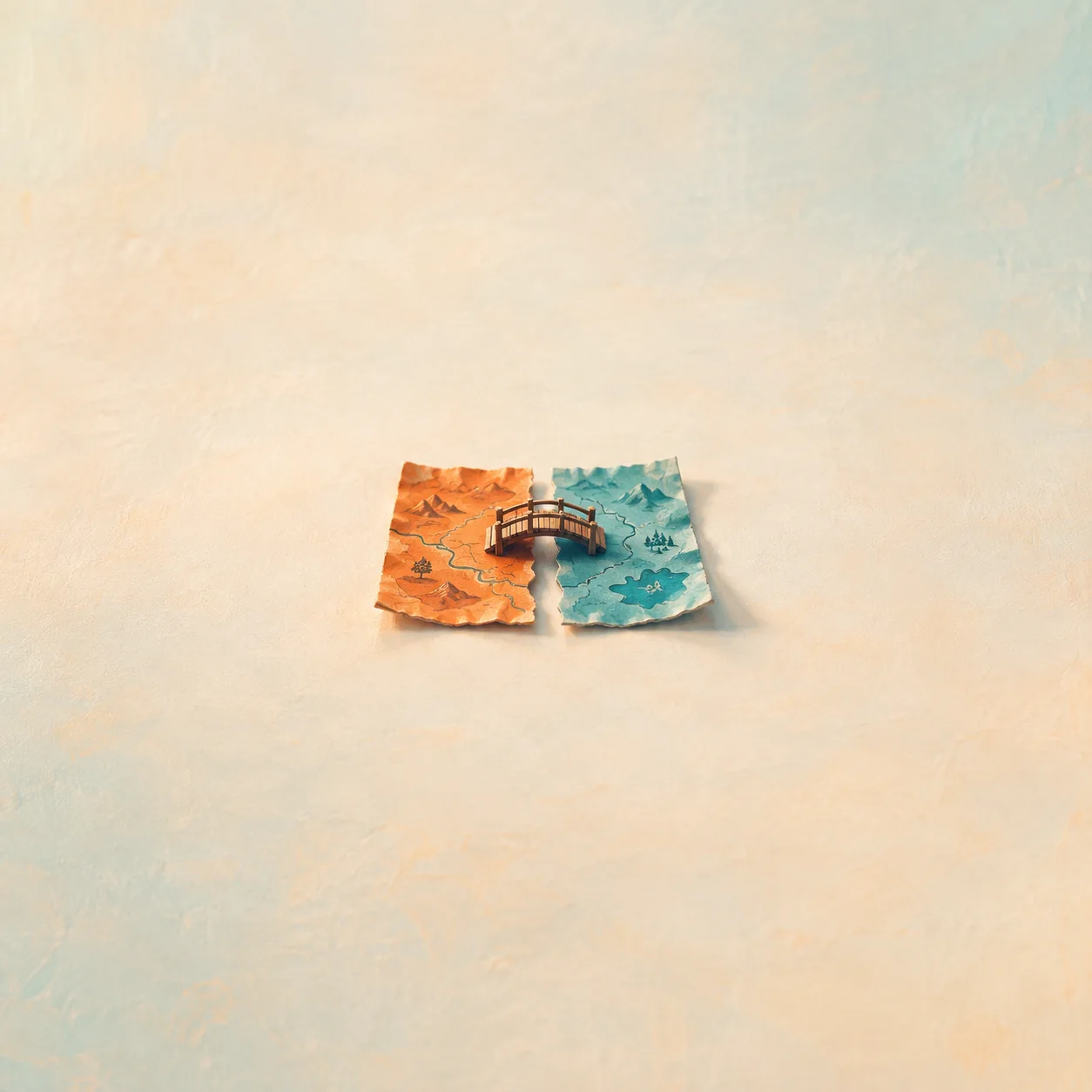 A folded paper map in orange and turquoise has a tiny wooden bridge spanning its central fold.