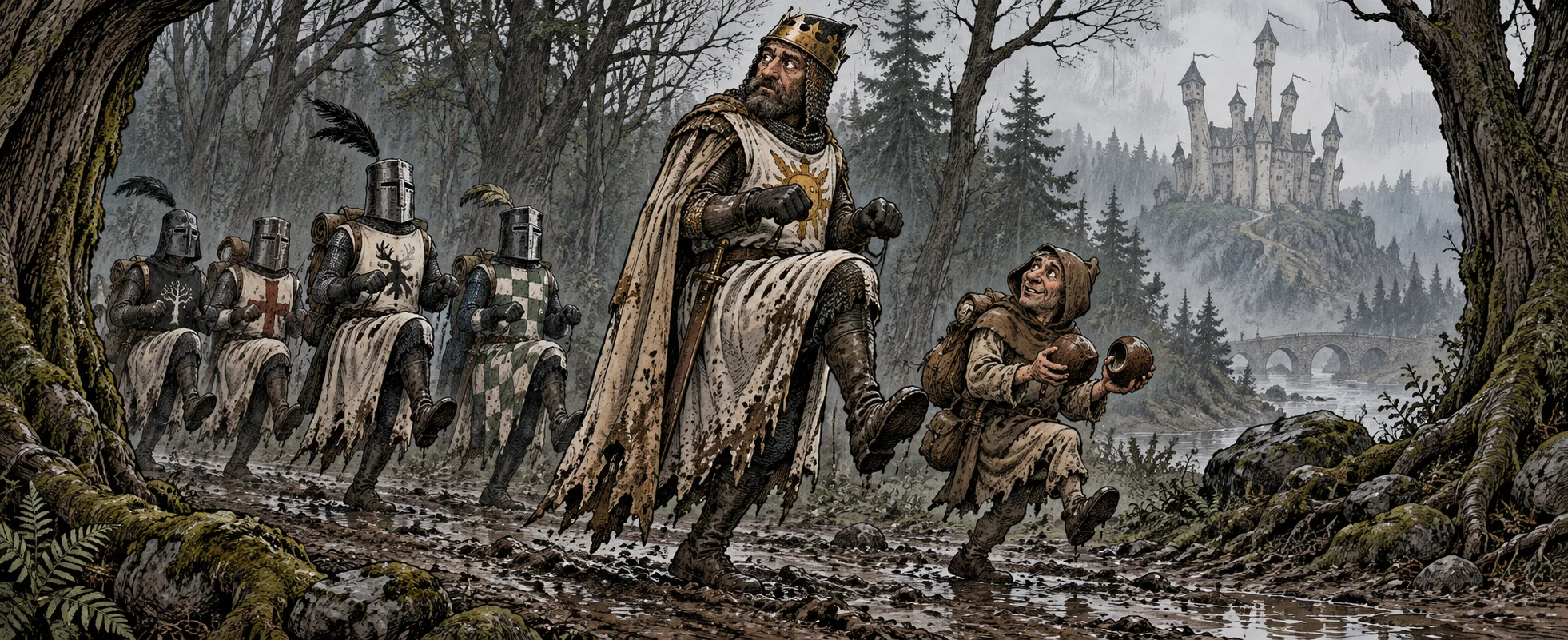 A crowned king and his knights walk through a misty forest pretending to ride, a servant clopping coconuts, a castle glimpsed far behind.