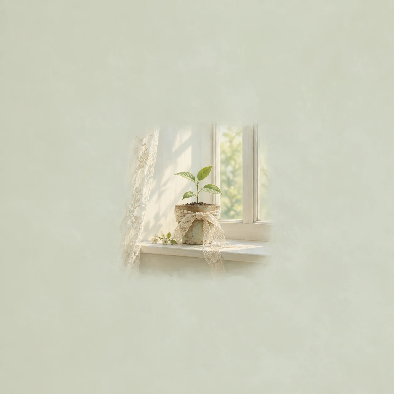 Painterly small potted seedling wrapped in lace on a sunlit windowsill.
