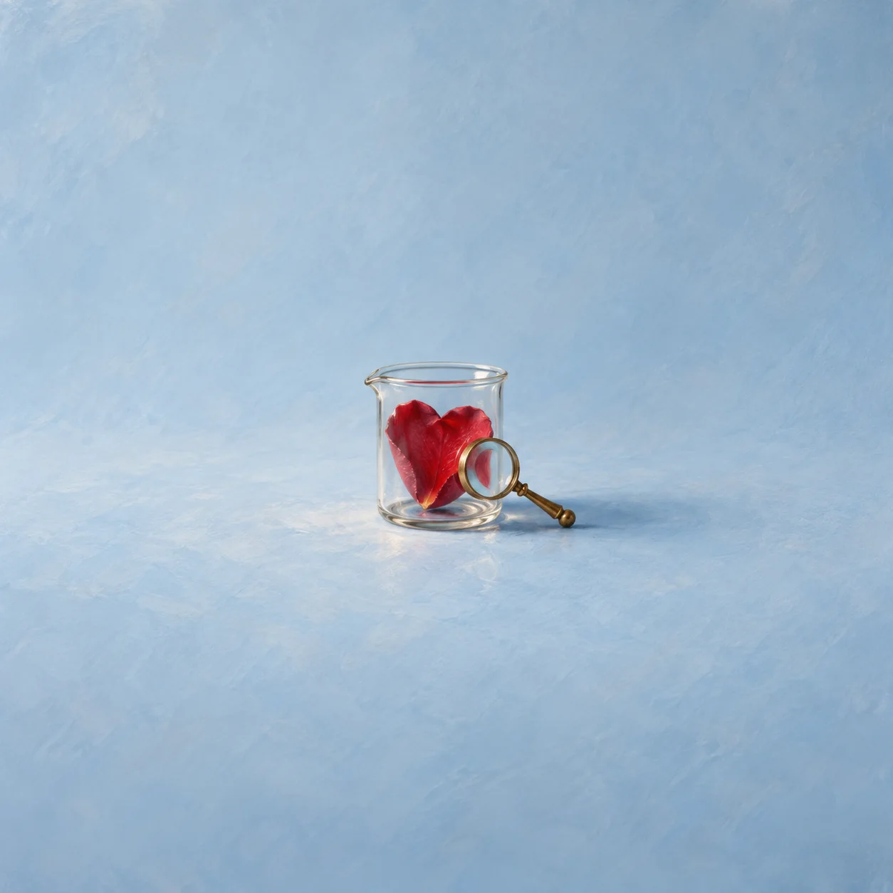 A glass beaker holding a small red wax heart with a brass magnifier leaning against it on a powder-blue surface.