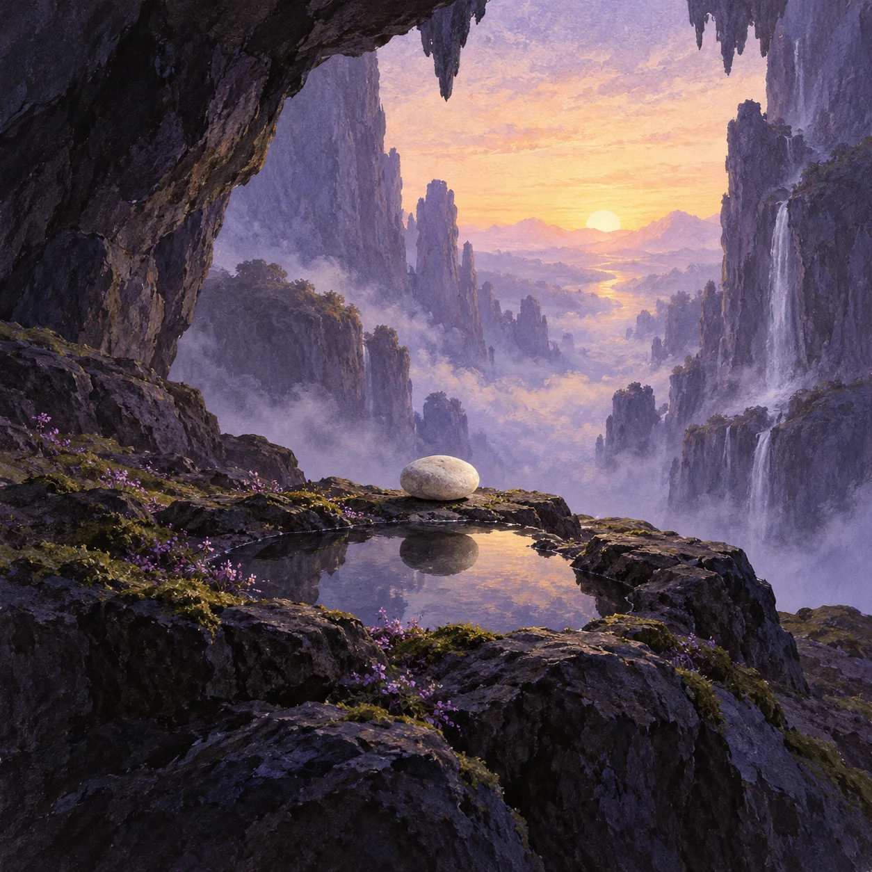 A pale rounded stone is reflected in a small still pool on a rocky ledge overlooking a violet mountain valley at dawn.