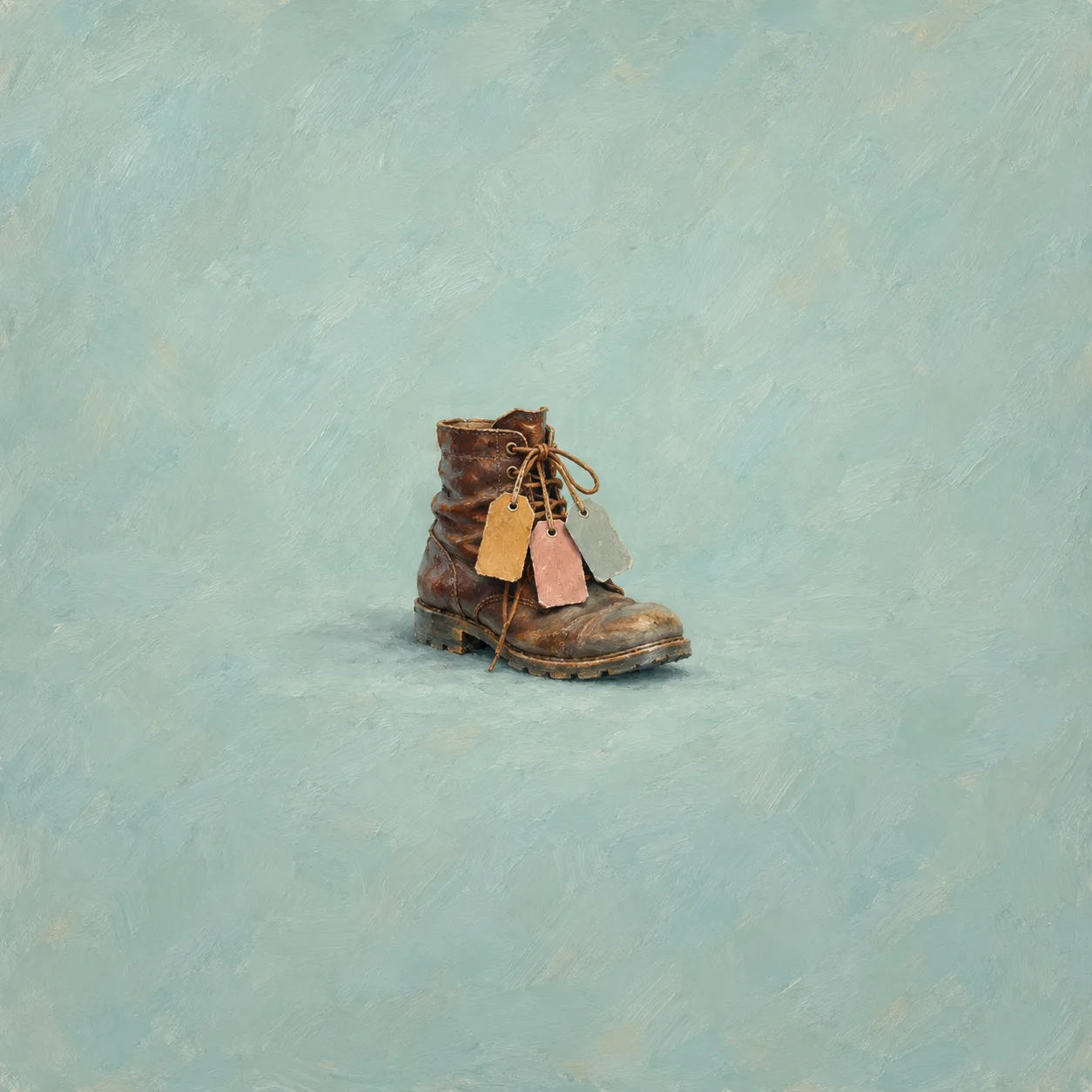 A worn leather boot has three coloured paper tags tied to its laces against pale teal.