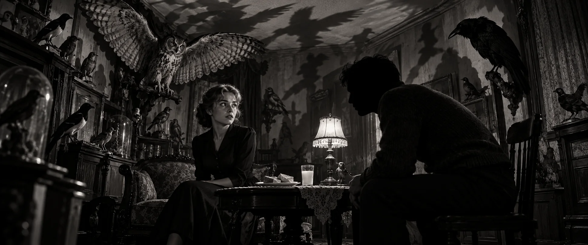 In black and white, a young woman sits with sandwiches and a glass of milk in a parlour full of stuffed birds while a man leans forward in shadow.