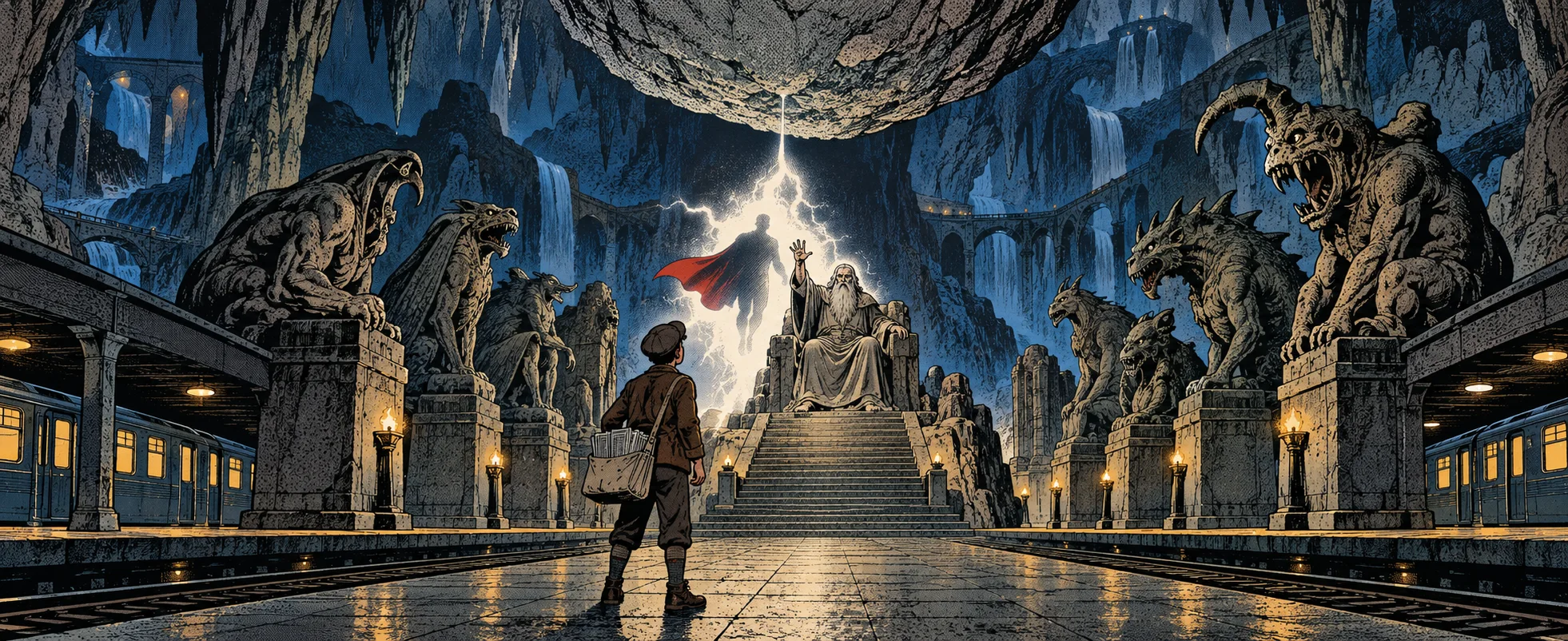 Comic illustration: a newspaper boy with a satchel looks up at a white-bearded elder enthroned on steps flanked by stone gargoyles in a vast cavern, as a caped flying figure ascends in a flash of light beneath a huge floating boulder.