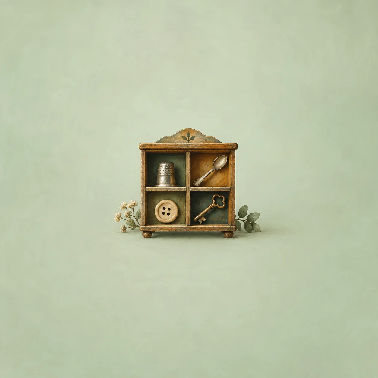 A small wooden cabinet with compartments each holding a thimble, spoon, button or key.