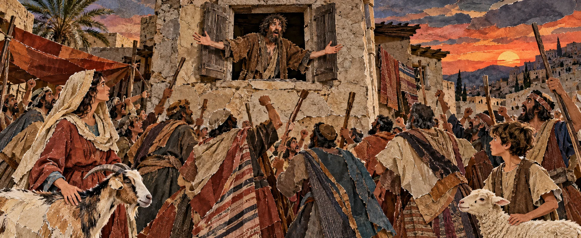 A scruffy man in a brown robe shouts from an upper window at a jostling crowd of pilgrims in a dusty Judean street at sunset.