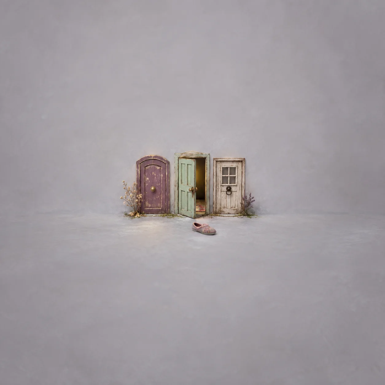 Three miniature doors in plum, mint and grey, one slightly open, with slippers in front.