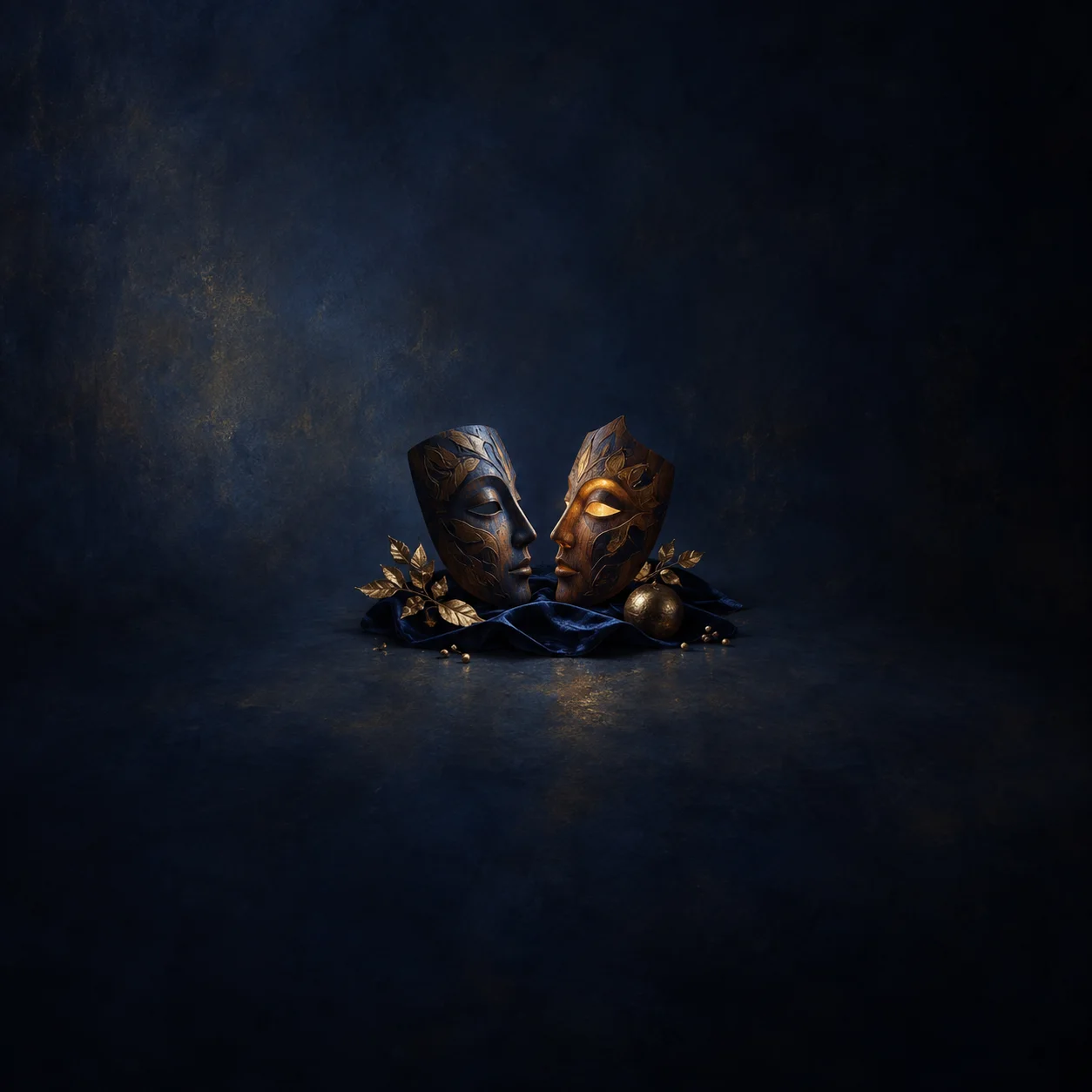 Painterly two carved faces turned toward each other, one glowing gold, on dark blue cloth.